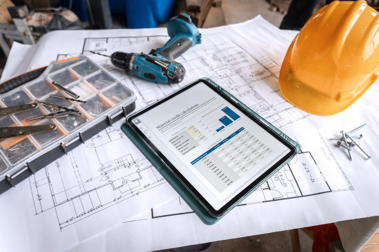 Construction plans and measuring tools